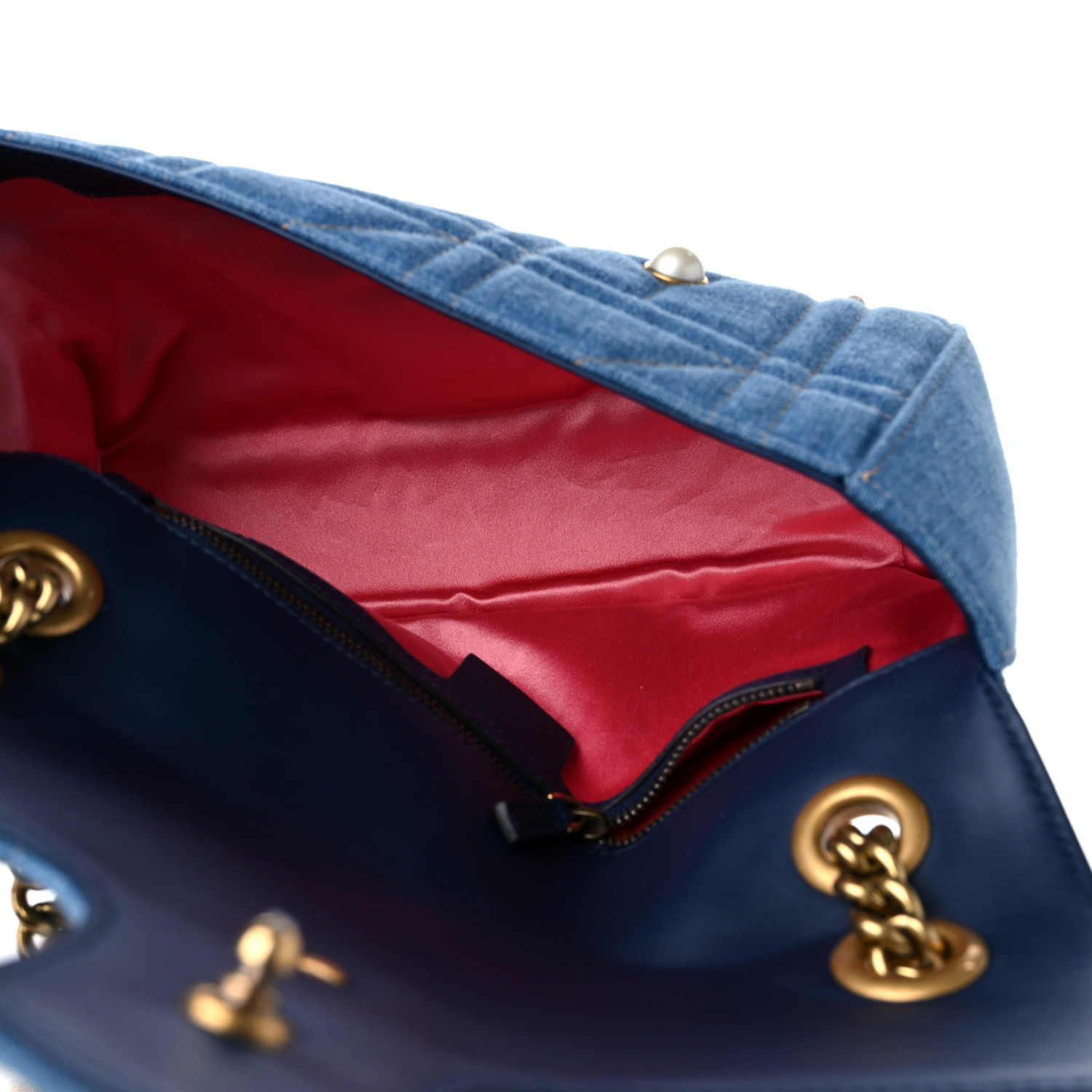 GUCCI Denim Matelasse Pearl Studded Small GG Marmont Shoulder Bag Blue GUCCI Denim Matelasse Pearl Studded Small GG Marmont Shoulder Bag Blue